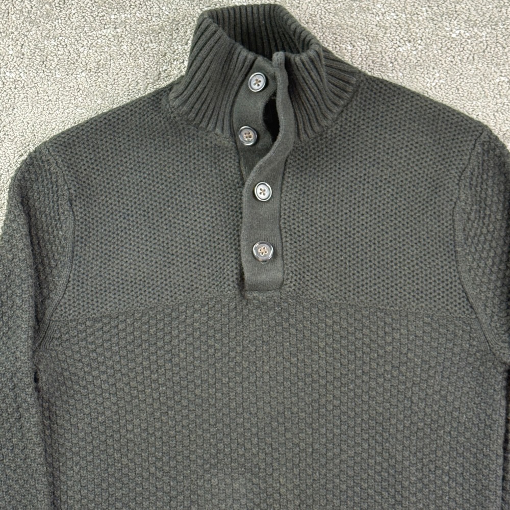 Banana Republic Sweater Mens M Green Waffle Knit Mock Neck Button Casual